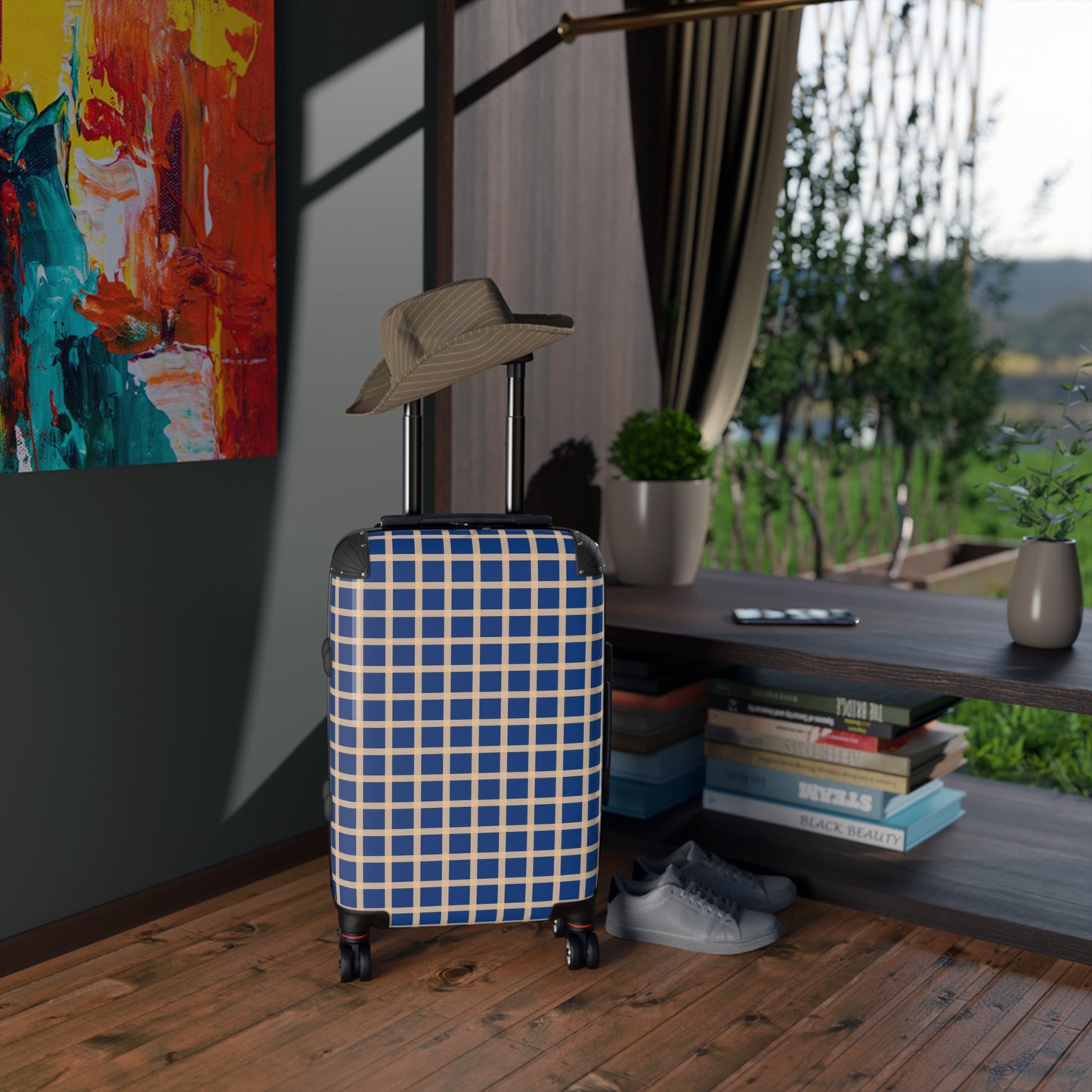 Blue & Tan Gingham Suitcase