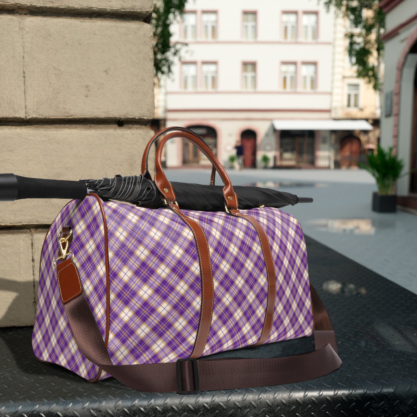 Purple Plaid Waterproof Travel Bag