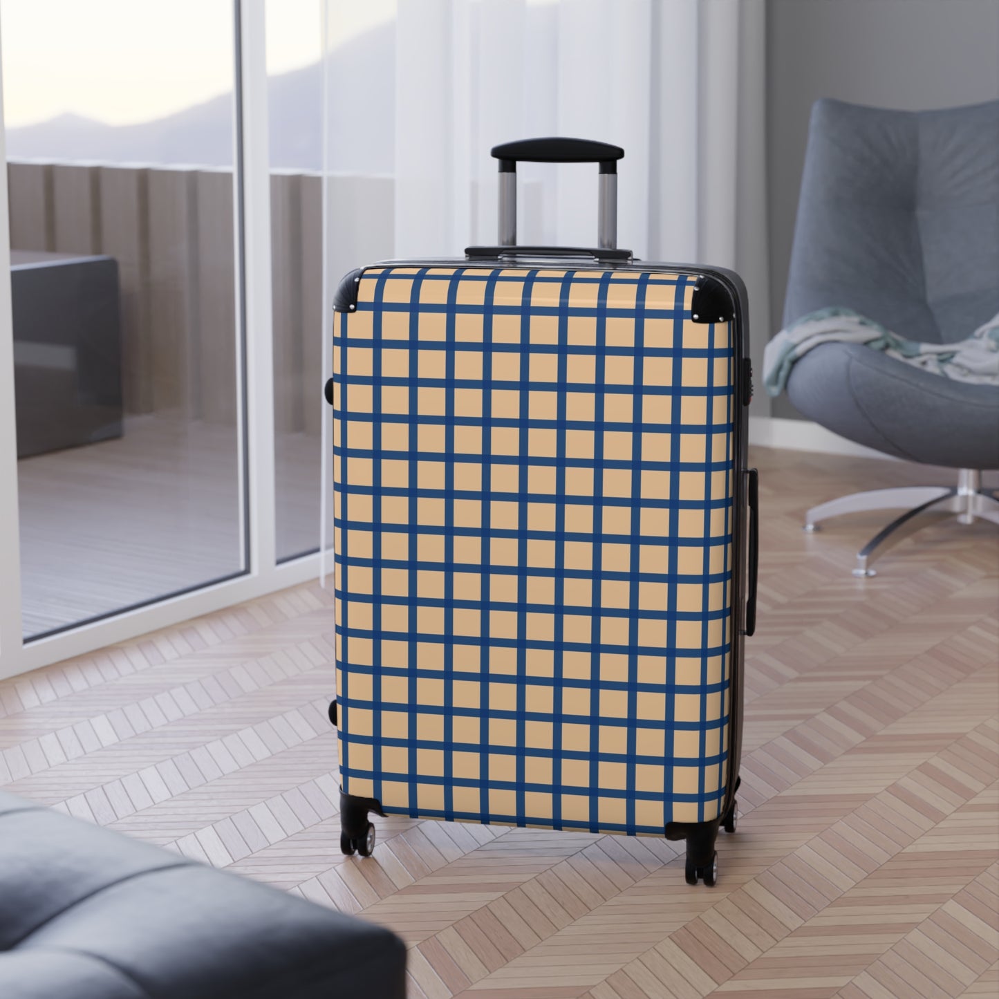 Tan & Blue Gingham Suitcase