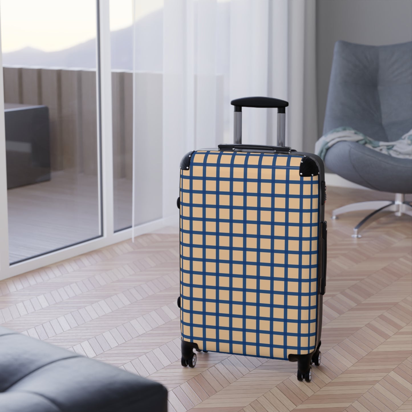 Tan & Blue Gingham Suitcase