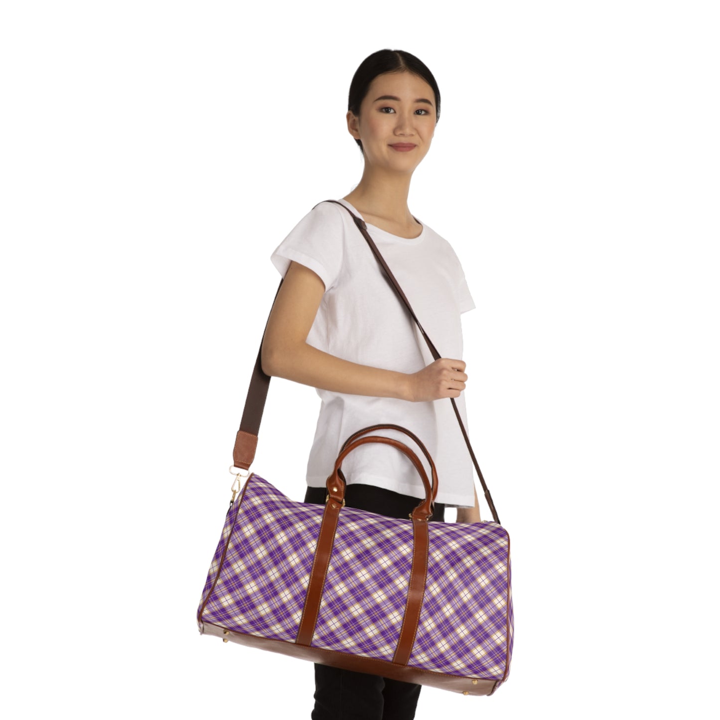Purple Plaid Waterproof Travel Bag